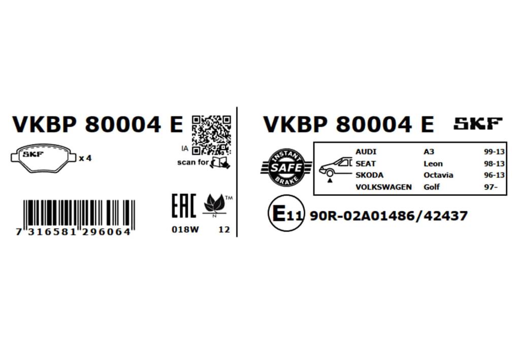 Jeu de 4 plaquettes de frein SKF ref. VKBP 80004 E